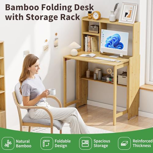 Bamboo Folding Desk for Small Spaces with Storage, Mid Century Foldable Desk with Bookshelf, Small Desks with Storage for Home Office Bedroom, Natural - color: Natural, size: 21.65"D x 40.55"W x 29.92"H