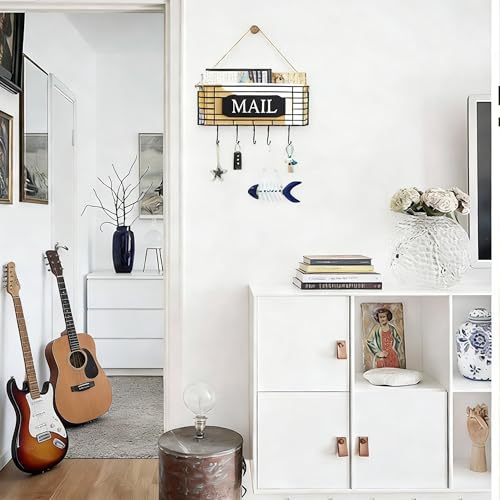 SRIWATANA Rustic Mail Key Holder, Mail Organizer Wall Mount with 5 Hooks Large, Black - color: Black, size: Large