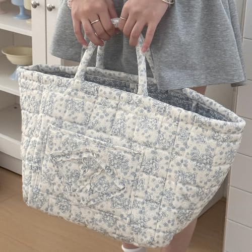 Quilted Fabric Basket Foldable Car Storage Boho Floral Laundry Basket Hamper for Nursery Bedroom & Living Room | Organize Clothes Toys - color: Blue Floral