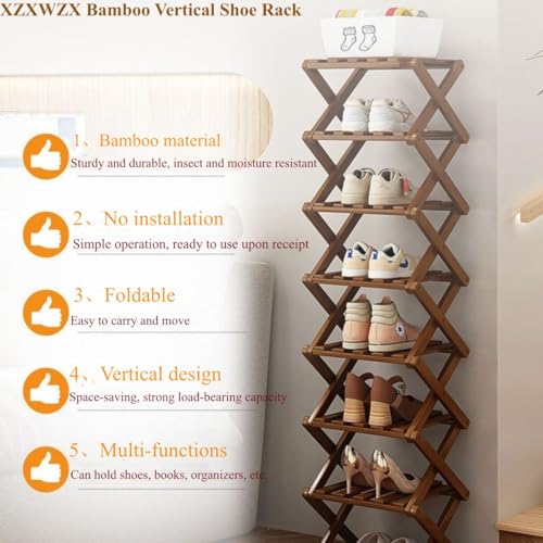 Foldable Shoe Rack, Bamboo Vertical Shoe Organizer Tall for Small Spaces. Multifunctional Narrow Shoe Shelf for Entryway, Closet, Corner, Bedroom, Hallway, Brown Color 6 Layers - color: Brown, size: 6 Layers