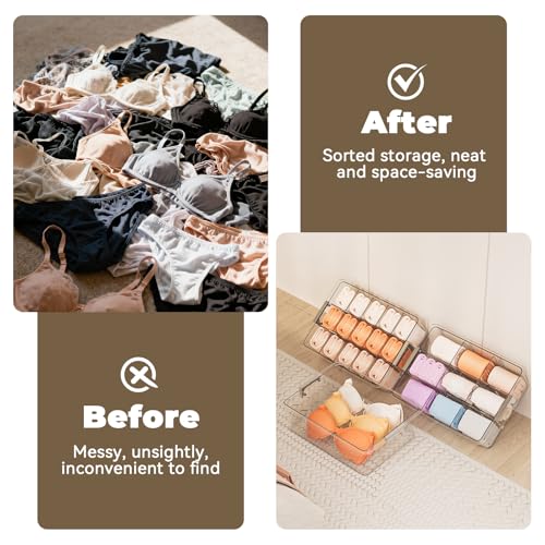 Socks Bra Underwear Drawer Organizer for Closet, 2 PCS Plastic Storage Box with 15 Removable Compartments and Lid, Clear Dresser Drawer Organizer Storage Container with Dividers for Sock Ties Belts - color: Clear-15 Grids