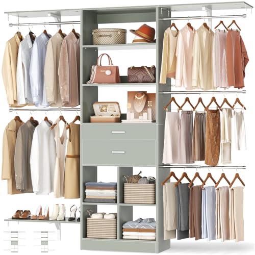 Small Closet System - 5FT Closet Organizer System with Wooden Drawers, 60 Inches Walk In Closet System With 5 Hanging Rods, Can Fit 1.58 to 6.8 FT with Reversible Hanging Shelving, Crab Green - color: Crab Green, size: 5FT