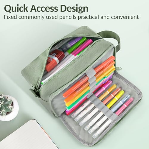 Sooez Original High Capacity Pencil Case, Big Pencil Bag Pouch Box Organizer Pen Case, Aesthetic Supply for Girls Adults, Portable Journaling Supplies with Easy Grip Handle & Loop, Olive Green - color: Olive green
