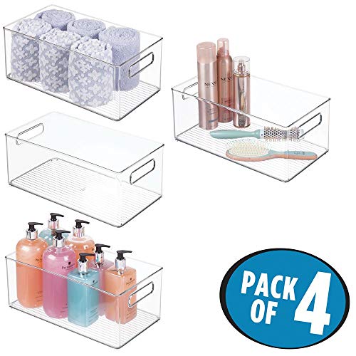 mDesign Plastic Bathroom Storage Container Bins w/ Handles - Closet, Cabinet, Vanity, Cupboard Shelf Organization, Hair Tools Accessory Organizer - Ligne Collection; Clear, 14.6x8.1x6 (Pack of 4) - size: 14.6 x 8.1 x 6 (Pack of 4)