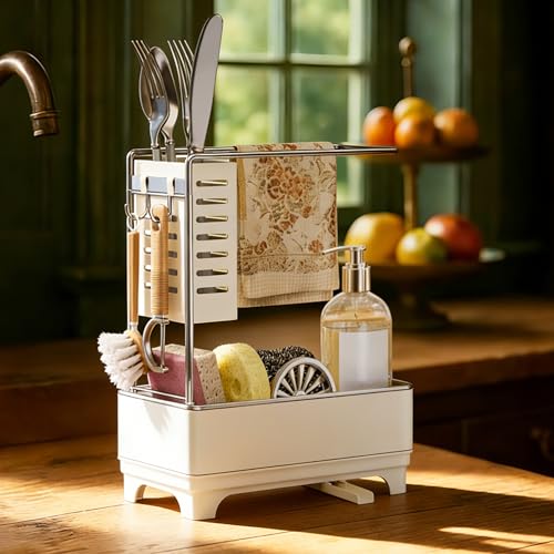 MOUKABAL Sponge Holder for Kitchen Sink, 2-Tier Sink Caddy Organizer with Drain Holes and Hooks, Holds Dishcloth, Sponge & Brushes, Kitchen Countertop Storage for New Home Essentials Off-white - color: Off-White 2
