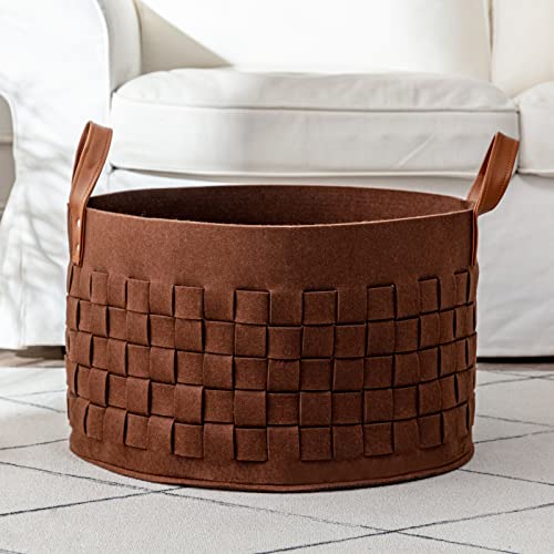 BOLDMONKEY Laundry Basket 20" x20 " x11.8 ", Large Felt Fabric Blanket Basket with Leather Handle, Dirt Clothes Laundry Hamper Round for Babies, Dogs and Living Room-Brown - color: Wood Brown