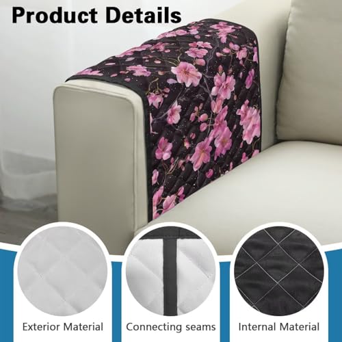 Cherry Blossom Print Armrest Cover for Sofa Non-Slip Diamond Pattern Arm Covers for Recliner Washable Furniture Protectors with 2 Pockets Anti-Scratch Chairs Arm Covers - color: Cherry Blossom