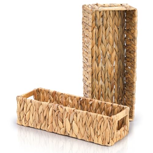 Eorbow 2 Pack Wicker Storage Baskets, Water Hyacinth Holder for Toilet Paper, Rectangular Natural Bins with Built-in Handles, Handwoven Organizer for Bathroom Kitchen Pantry Tank Top, 2 Sizes