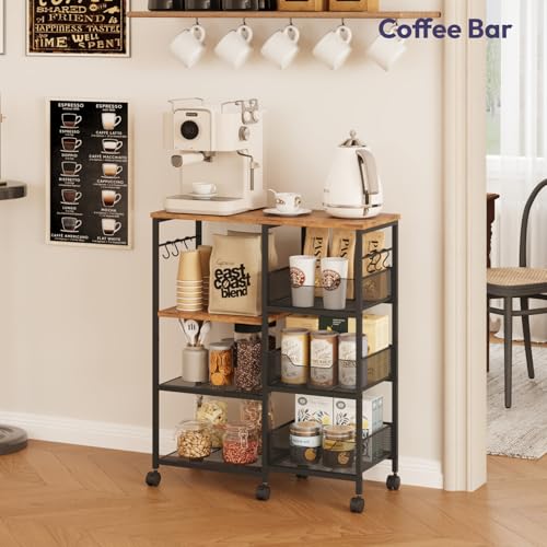 SWTYMIKI Kitchen Island Cart on Wheels - 4 Tier Rolling Kitchen Table Cart with Storage Shelves, 6 Removable Hooks& Locking Casters, Coffee Bar Cabinet for Dining Room Pantry Office, Espresso - size: 28x11.81in, style: Espresso