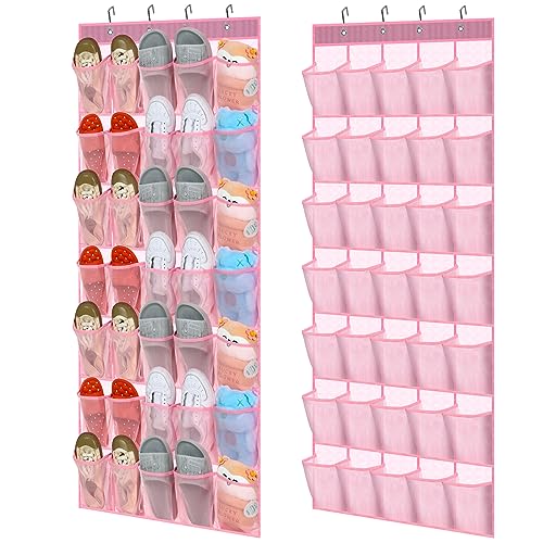 Windyun 2 Pcs 70 Large over The Door Shoe Organizer Hanging Shoe Rack for Closet Holder Pink Mesh Pockets Back to School Behind Door Hanger Storage Nonslip for Home Room School Dorm, Each 35 Pockets - color: Pink