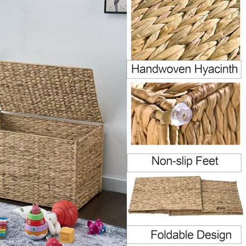 Water Hyacinth Storage Basket with Lid, 27.7 Gallon (105L) Blanket Storage Basket with Handles, Woven Storage Bin, Foldable, Metal Frame, for Bedroom, Laundry Room, Natural - color: Natural, size: 105 L:15.7 x 26 x 15.7 Inches