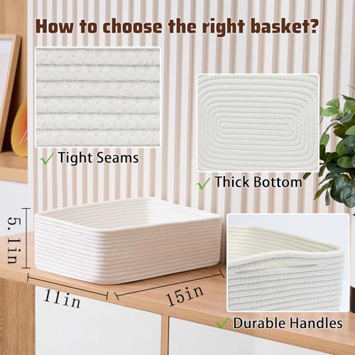 MiniArk Large Shallow Organizing Baskets 15x11x5.1 Inches - Rope Woven Storage Bins for Bathroom, Shelves, Cube Closet, Off White 2 Packs - color: Off White, size: 2pcs-L15×W11×H5.1"