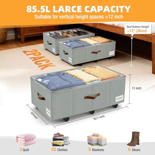 Under Bed Storage with Wheels,Underbed Storage with Sturdy Sidewalls/Bottom, Clear Cover, Label and PU Handle, Rolling Under Bed Drawers for Clothes, Shoes, 11 Inch Height,Grey, 2 Pack - color: Grey 2 Pack, size: 11 inch