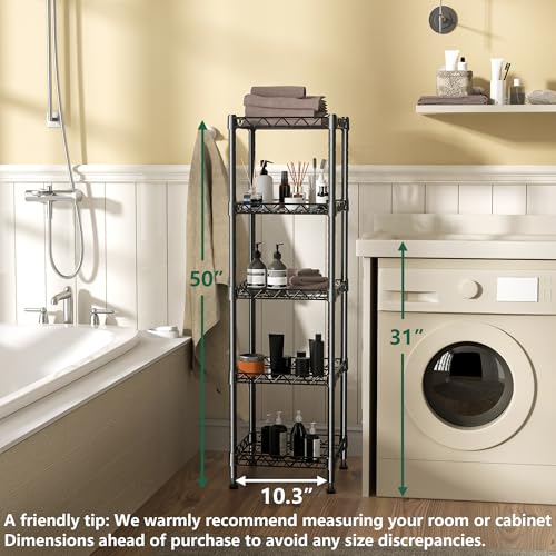 GIOTORENT 5 Tier Standing Shelving Metal Units, Adjustable Height Wire Shelf Display Rack for Laundry Bathroom Kitchen 11.8 W x 11.8 D x 50 H (5-Tier, Black) - color: Black, size: 11.8D x 11.8W x 50.0H (5Tier)