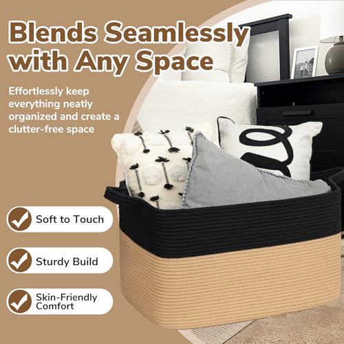 Goodpick Large Woven Blanket Basket 23.6" x 15.7" x 13.8" Cotton Rope Storage Organizer for Dirty Clothes Pillows, Wicker Storage Basket for Living Room Bedroom, Black & Jute - color: Black Camel, size: X-Large(23.6"L x 15.7"W x 13.8"H)