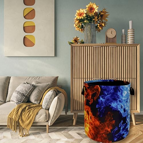 Red Blue Fire Flame Laundry Basket Foldable With Handles Cool Tote Bag Oxford Cloth Colorful Laundry Hamper Clothes Storage Bucket Toy Organizer For Bathroom/Laundry/Bedroom 18.9" x 16.5 " - color: Cool Red and Blue Fire Flame