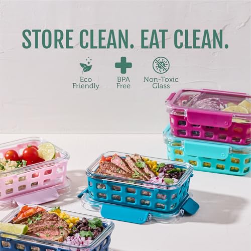 Ello Duraglass 3.4 Cup Meal Prep Sets 10Pc, 5 Pack Set- Glass Food Storage Container with Silicone Sleeve and Airtight BPA-Free Plastic Lids, Dishwasher, Microwave, and Freezer Safe, Evening Orchard - color: Evening Orchard, size: 3.4 Cup