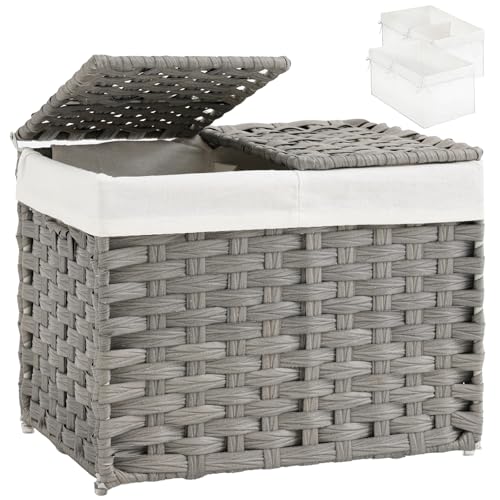 SETVSON Storage Basket with Lid Woven Wicker Baskets with 2 Separate Lid, 9.2 Gallon (35 L) Wicker Storage Bins with Handles, Foldable and 2 Removable Liner Bags for Bedroom, Laundry Room Gray - color: Gray, size: 35L-15.7L*11.8W*11.8H