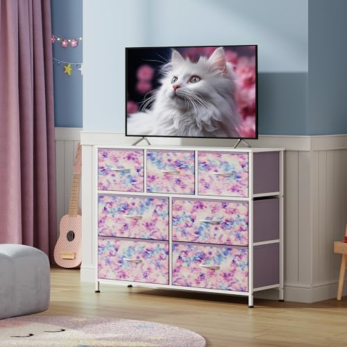 WLIVE 7 Drawer Dresser TV Stand, Entertainment Center, Media Console Table with Wood Top for TV up to 45 inch, Chest of Drawers for Bedroom, Living Room, Tie-dye Print (Pink, Purple, Blue) - color: Tie-dye Purple Print