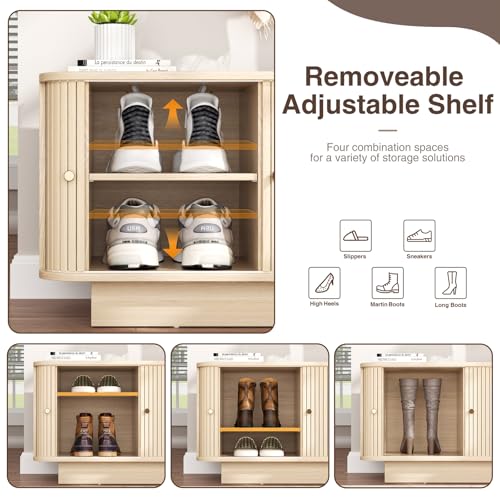 AKMAKM 63" W Small Shoe Storage Bench, Shoe Bench Entryway with Sliding Doors and Adjustable Shelvs, Wooden Low Cabinet for Hallway, Living Room, Bedroom, Apartment, Dorm, Mudroom, Garage, Oak, 2PCS - color: Oak, size: 31 W * 2