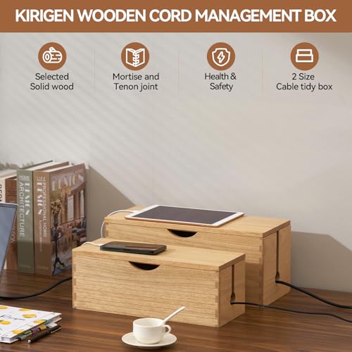KIRIGEN Wooden Cable Management Box Set of 2 - Solid Wood Large & Small Cord Organizer Hides Power Strips, Chargers & Wires for Desk, TV Stand, Home Office DXH2T-NA - color: Natural