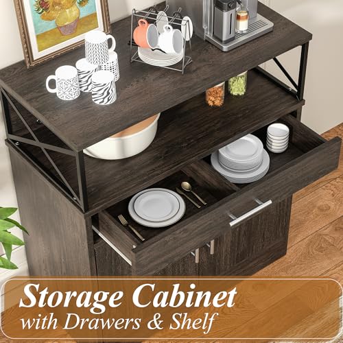 Shintenchi Kitchen Storage Cabinet with Adjustable Shelves and Drawers, Modern Buffet Sideboard, Wood Buffet Cabinet with Doors, Floor Cabinet Cupboard for Coffee Bar Living Room, Dark Brown - color: Dark Brown, size: 37.6"H