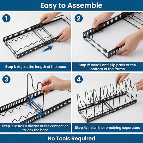 Expandable Pot Rack Organizer for Cabinet, Wave Slot Carbon Steel Pot & Pan Holder with 10 Adjustable Slots, Heavy Duty Cookware Storage for Pans, Lids, Bakeware, Countertop or Under Sink, Black