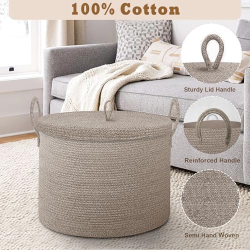 21" x 18" Extra Large storage baskets,Decorative blanket basket with lid for Living room,rope baskets with lid,wicker hamper for bedroom,Big,Round,Brow - color: Brow