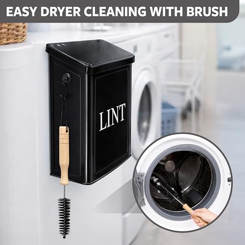 Calindiana Modern Farmhouse Metal Magnetic Lint Bin with Lid and Laundry Room Organization and Storage Wall Mount Space Saving Washer and Dryer Trash Can (Black (LINT Brush Set)) - color: BLACK (LINT BRUSH SET)