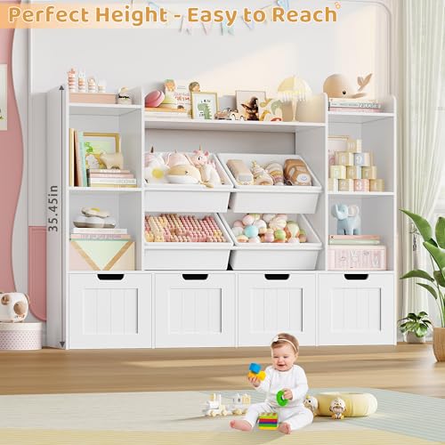 Toy Storage Organizer, Toy Organizer with 4 Movable Drawers and 4 Box Bins, Kids Playroom Storage Organization with Hidden Wheels for Living Room, Kids Room