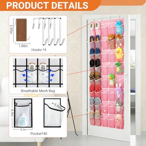 40-Pocket Over the Door Shoe Organizer - Large Mesh Pocket Hanging Shoe Organizer,Behind the Door Shoes Storage Holder Hanger (Pink-W) - color: Pink-W
