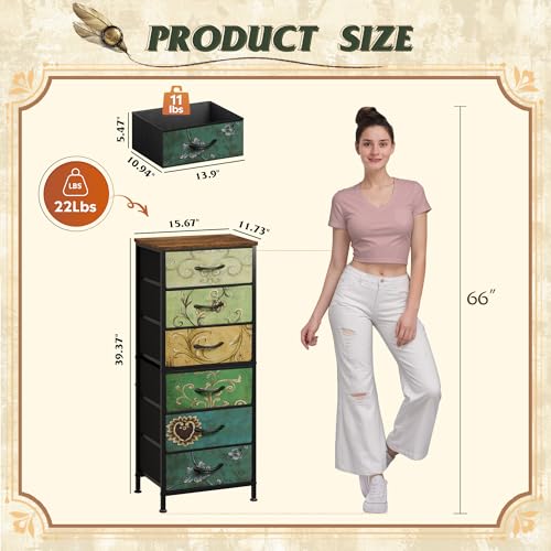WLIVE Tall Dresser for Bedroom, 6 Drawer Vertical Fabric Dresser, Skinny Chest of Drawers for Closet, Narrow Storage Tower with Metal Frame, Tall Nightstand for Small Spaces, Floral Painted - color: Floral Painted, size: 11.73"D x 15.67"W x 39.37"H