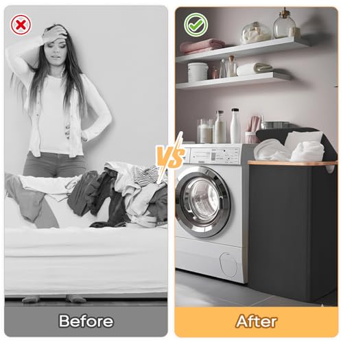 BALEINE Laundry Hamper with Lid, Tall Laundry Baskets with Bamboo Pull Handles, Large Laundry Bin with Internal Support (18 Gal/70L, Black) - color: Black, size: 70 liters