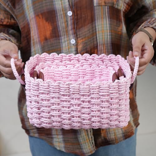 Small baskets for Organizing,Cute woven Storage basket with recycled paper rope for Shelves Bathroom,Little decorative basket,Set of 3 (Pink) - color: Pink