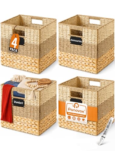 Storage Basket, 10.5x10.5x10.5 Inch Storage Cubes, Water Hyacinth Wicker Basket for Storage, Handmade Woven Baskets for Organizing, Set of 4 Wicker Storage Baskets for Shelves