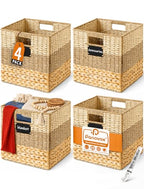 Storage Basket, 10.5x10.5x10.5 Inch Storage Cubes, Water Hyacinth Wicker Basket for Storage, Handmade Woven Baskets for Organizing, Set of 4 Wicker Storage Baskets for Shelves