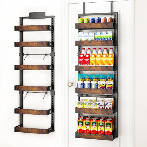 BUKFEN 6-Tier Over the Door Pantry Organizer, 2-in-1 Door Hanging or Wall Mounted Spice Rack, Heavy Duty Metal Storage Shelves with Adjustable Wooden Baskets for Kitchen Bathroom Closet - color: Black pole wood color, size: 6 Tier