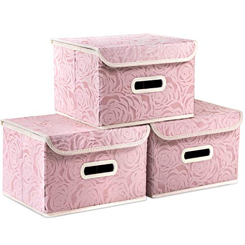 PRANDOM Collapsible Storage Boxes with Lids Fabric Decorative Storage Bins Cubes Organizer Containers Baskets with Cover Handles Divider for Bedroom Closet Living Room 9.8x7.9x6.7 Inch 3 Pack - color: Pink, size: Small(3-Pack)