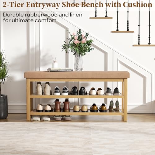 2 Tier Shoe Rack Bench with Cushion, Rubberwood Shoe Benches, Mid-Century Modern Shoe Storage Bench for Entryway, Hallway, Living Room, Closet, Front Door Entrance, Dark Brown - color: Dark Brown