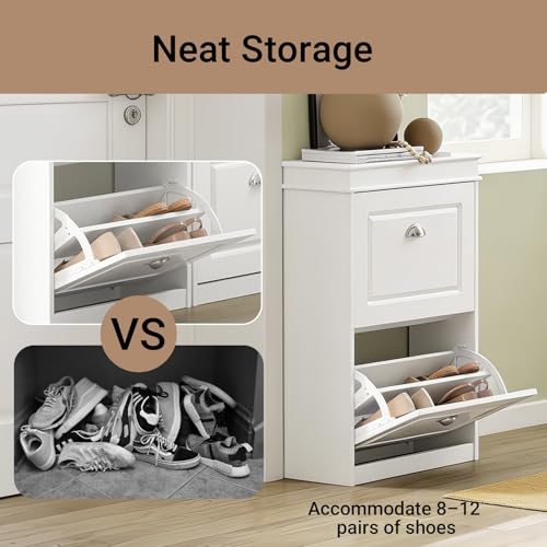 Haotian Small Shoe Cabinet, White 2 Flip Drawers Freestanding Shoe Rack, Shoe Storage Cupboard Organizer (9.45" D x 20.87" W x 32.28" H), FSR78-W - color: White, size: 2 Drawers (S)