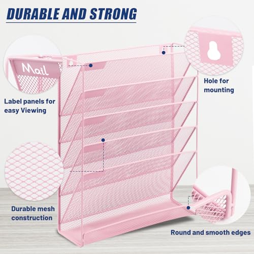 EASEPRES Desk File Organizer Mesh 6-Tier, Hanging Wall Mount Document Organization Stand, Desktop Vertical Mail Paper Folder Holder Rack with Bottom Tray for Office Home Cubicle Countertop, Pink - color: Pink, size: 6 Tier