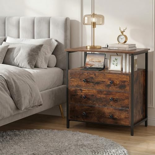 Edbuosy 3 Wooden Drawers Nightstand, 27 Inch Wide Night Stand Set 2 with Charging Station and Adjustable Drawers, Small Dresser for Closet, Bedside Table for Living Room/Bedroom/Office, Retro Brown. - color: 2 Pack, Retro Brown, size: 3 Drawers
