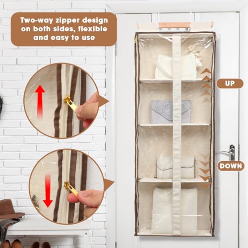 Silkfly 2 Pack Hanging Purse Organizer for Closet Clear Handbag Storage Hanger with Zipper Holder Over The Door Wardrobe Tote Bag Storage Holder for Bedrooms Living Room(Beige) - color: Beige