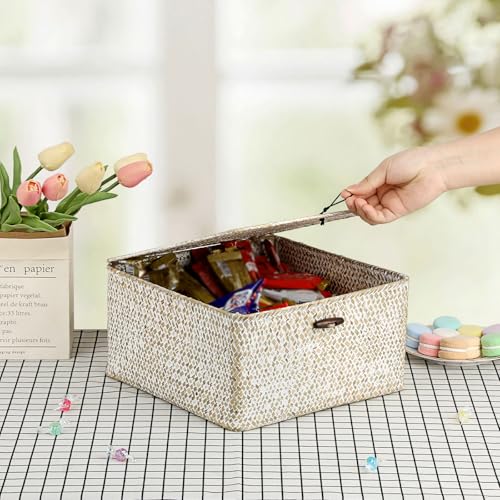 Hipiwe Wicker Shelf Basket Bin Square Handwoven Seagrass Storage Basket with Lid Home Organize Box for Bookshelf Living Room Bath Room Multipurpose Basket Container, Whitewash Large - color: Whitewash color, size: Large