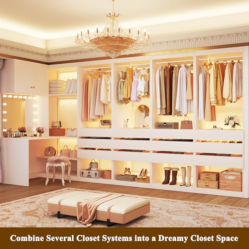 HUAHUU Freestanding 2FT Closet System with 3 Wood Drawers & Glasstop, 24" Closet Organizer System with Hanging Rod & LED Lights, Walk-in Closet Systems for Small Closets, White (24"L x 16" W x 80" H)