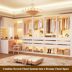 HUAHUU Freestanding 2FT Closet System with 3 Wood Drawers & Glasstop, 24" Closet Organizer System with Hanging Rod & LED Lights, Walk-in Closet Systems for Small Closets, White (24"L x 16" W x 80" H)