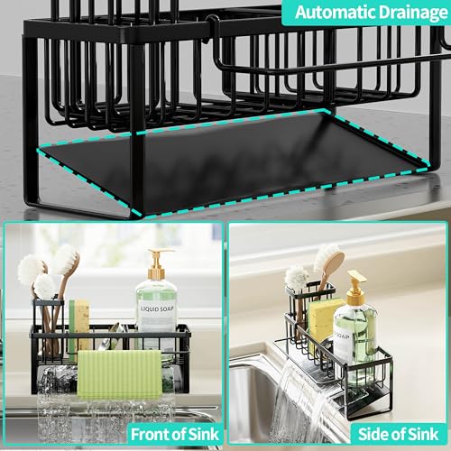 HapiRm Sponge Holder for Kitchen Sink - Self-draining Sink Caddy with Brush and Dishcloth Holders with Sloping Drainage - Black - color: Black-sloping, size: with Dishcloth Holder