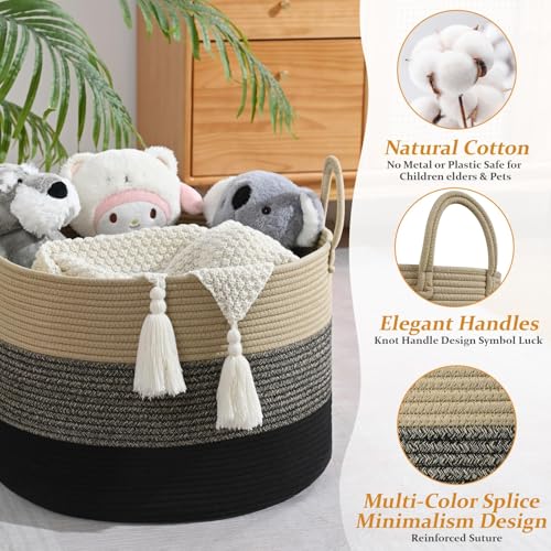 Extra Large Toy Basket, 20"x13" Kids Toy Storage for Playroom Classroom Nursery, Woven Rope Blanket Basket with Handles, Stuffed Animal Organizer & Dog Toys Basket, Black & Brown - color: Black & Brown - Wide