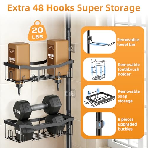 Shower Caddy Corner, 6 Tier Tension Pole Rod Bathroom Organizer Shelves, Adjustable Bathtub Shampoo Stand Rack with Towel Rack 2 Holders for Inside Shower Storage, Floor to Ceiling 47-122 Inch, Black
