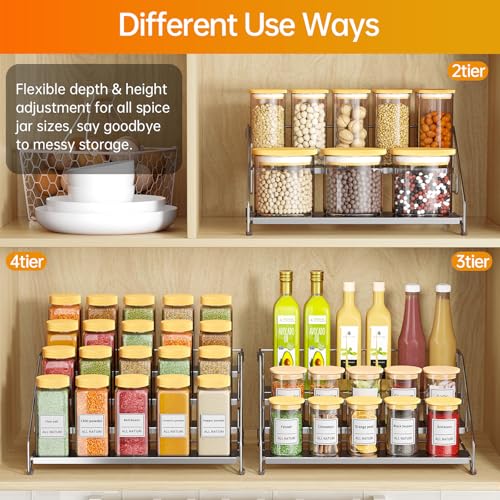 RCHYFEED Spice Rack Organizer for Cabinet, 4 Tier Spice Rack, Depth Adjustable Spice Organization for Cabinet Easy Visibility, Tiered Adjustable Spice Shelf for Kitchen Countertop Pantry Cupboard